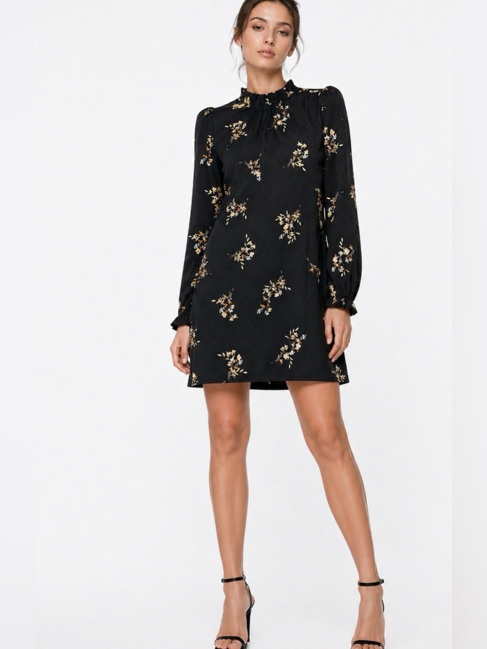 JCrew Black Floral Long-Sleeve Shift Dress